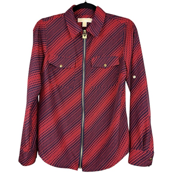 Michael Michael Kors Top Small Navy Red Womens Polka Dot Geometric Print Blouse - Picture 1 of 12